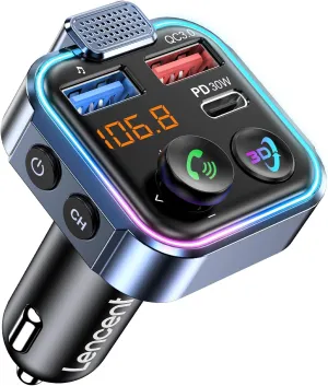 LENCENT Bluetooth 5.3 FM Transmitter, Wireless Radio Adapter Car Kit with Type-C PD 30W  QC3.0 Fast USB Charger, Hands-Free Calling, Audio Stereo Mp3 Player Receiver, Supports U Disk, Color Light
