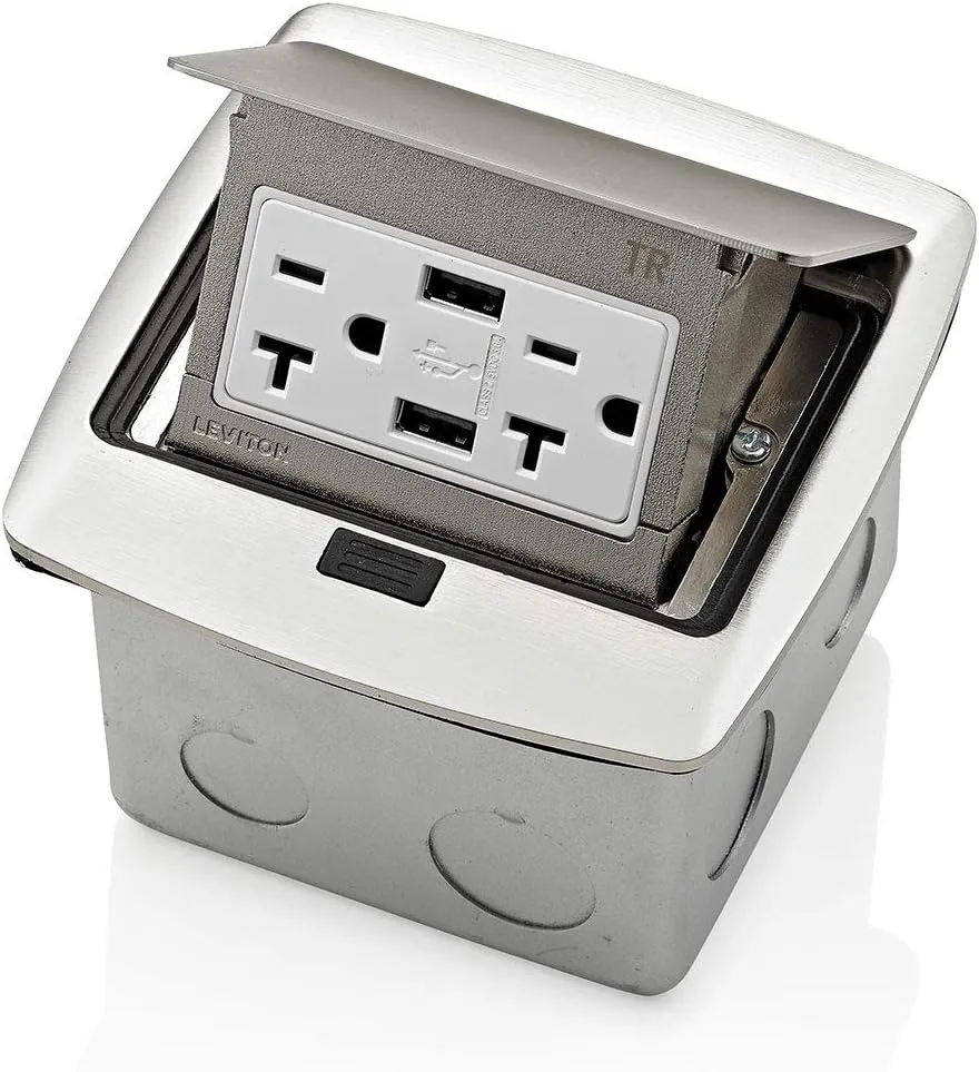 Leviton PFUS2-BN Pop-Up Floor Box with Dual Type A, 3.6 Amp USB Charger, 20Amp Outlet, Brushed Nickel
