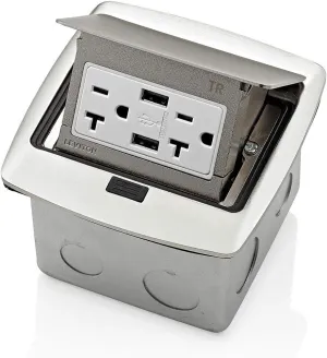 Leviton PFUS2-BN Pop-Up Floor Box with Dual Type A, 3.6 Amp USB Charger, 20Amp Outlet, Brushed Nickel