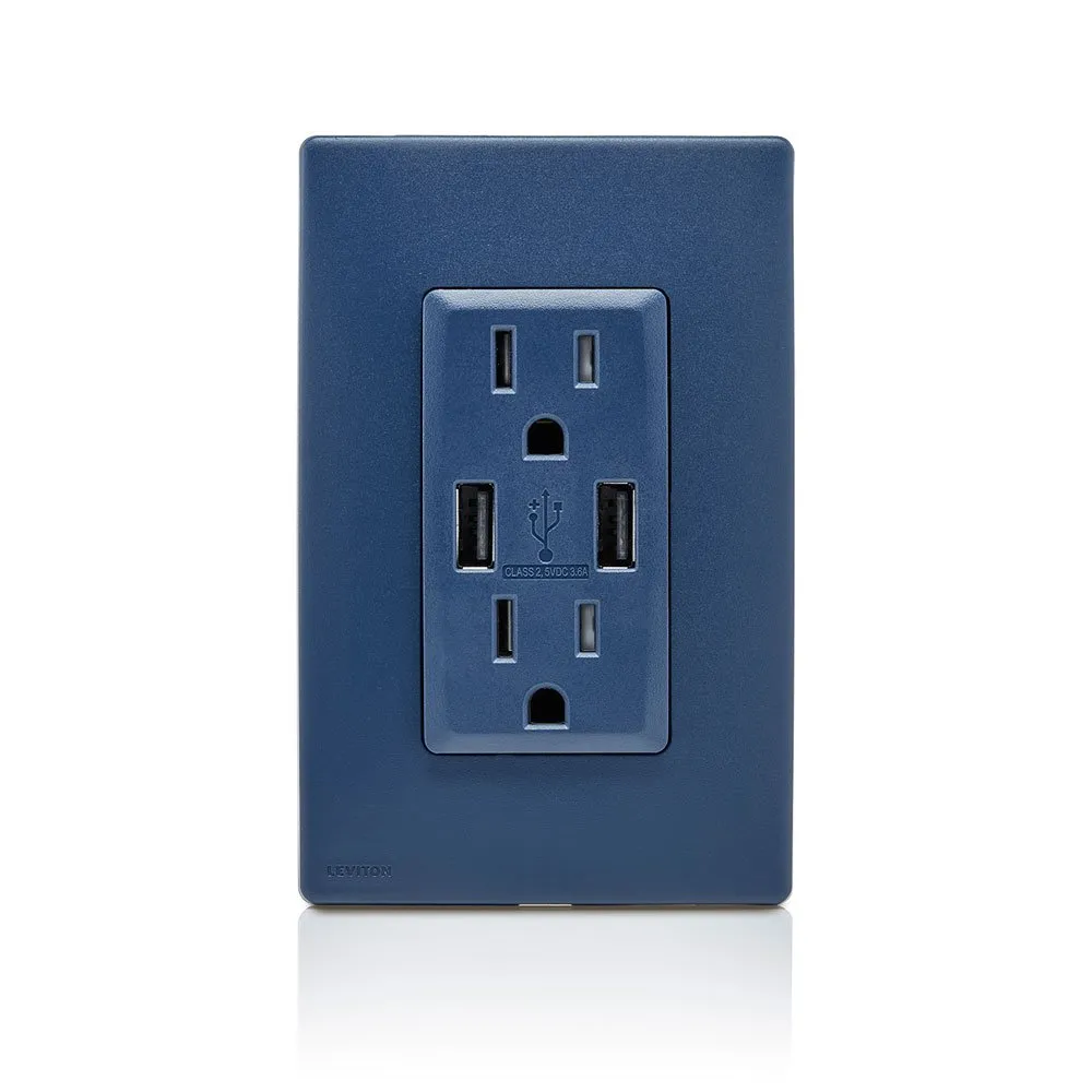 Leviton RUAA1-RN Renu USB Charger/Tamper-Resistant Duplex Outlet, 15A-125VAC, Rich Navy