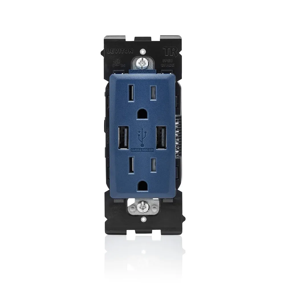 Leviton RUAA1-RN Renu USB Charger/Tamper-Resistant Duplex Outlet, 15A-125VAC, Rich Navy