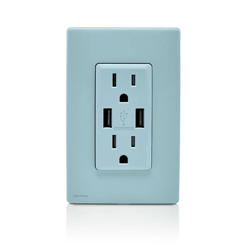 Leviton RUAA1-SE Renu USB Charger/Tamper-Resistant Duplex Outlet, 15A-125VAC, Sea Spray