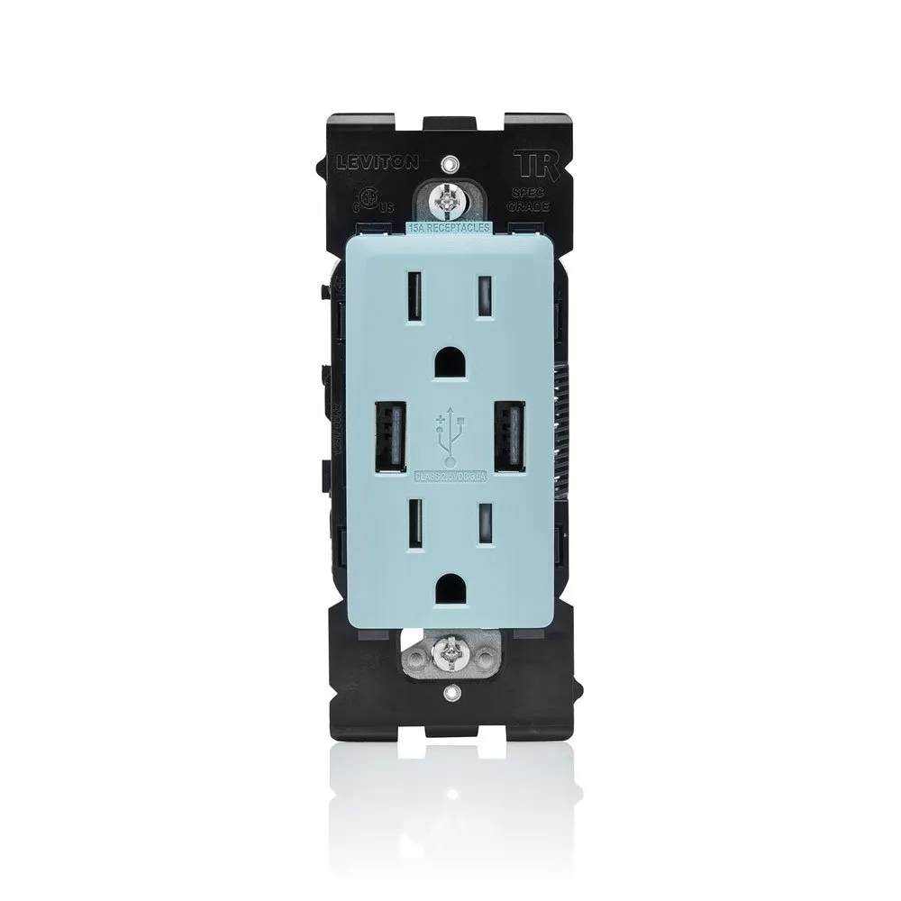 Leviton RUAA1-SE Renu USB Charger/Tamper-Resistant Duplex Outlet, 15A-125VAC, Sea Spray