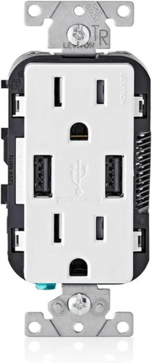Leviton T5632-W Type-A USB in-Wall Charger with 15A Tamper-Resistant Outlet, USB Charger for Smartphones, White