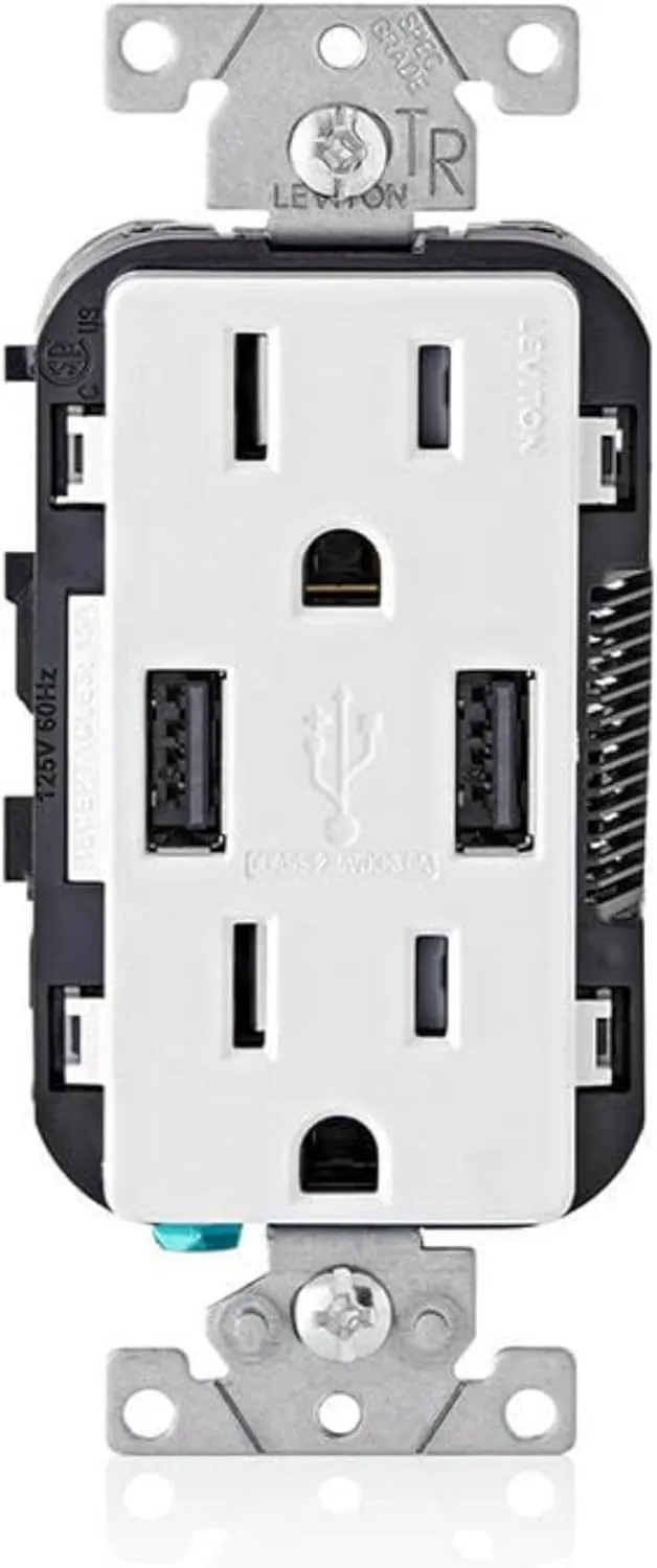 Leviton T5632-W Type-A USB in-Wall Charger with 15A Tamper-Resistant Outlet, USB Charger for Smartphones, White