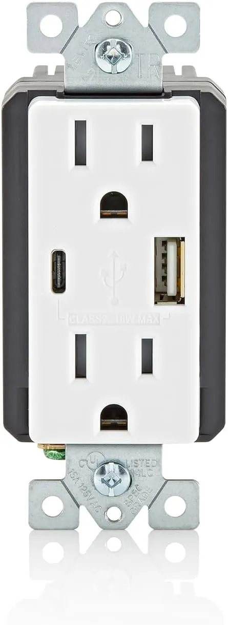 Leviton T5638 18W USB Type-A/C in-Wall Charger with 15A Outlet, USB Charger for Smartphones, White