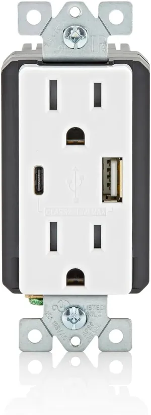 Leviton T5638 18W USB Type-A/C in-Wall Charger with 15A Outlet, USB Charger for Smartphones, White