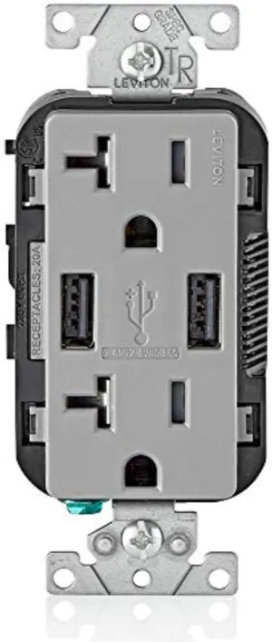 Leviton T5832-G Type-A USB in-Wall Charger with 20A Tamper-Resistant Outlet, USB Charger for Smartphones, Gray
