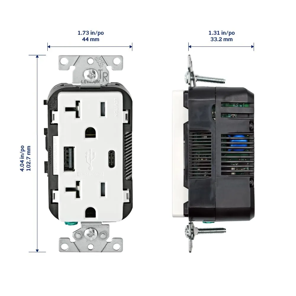 Leviton T5833-W Type A & Type-C USB In-Wall Charger with 20A Tamper-Resistant Outlet, USB Charger for Smartphones and Tablets. Not for Laptops, White