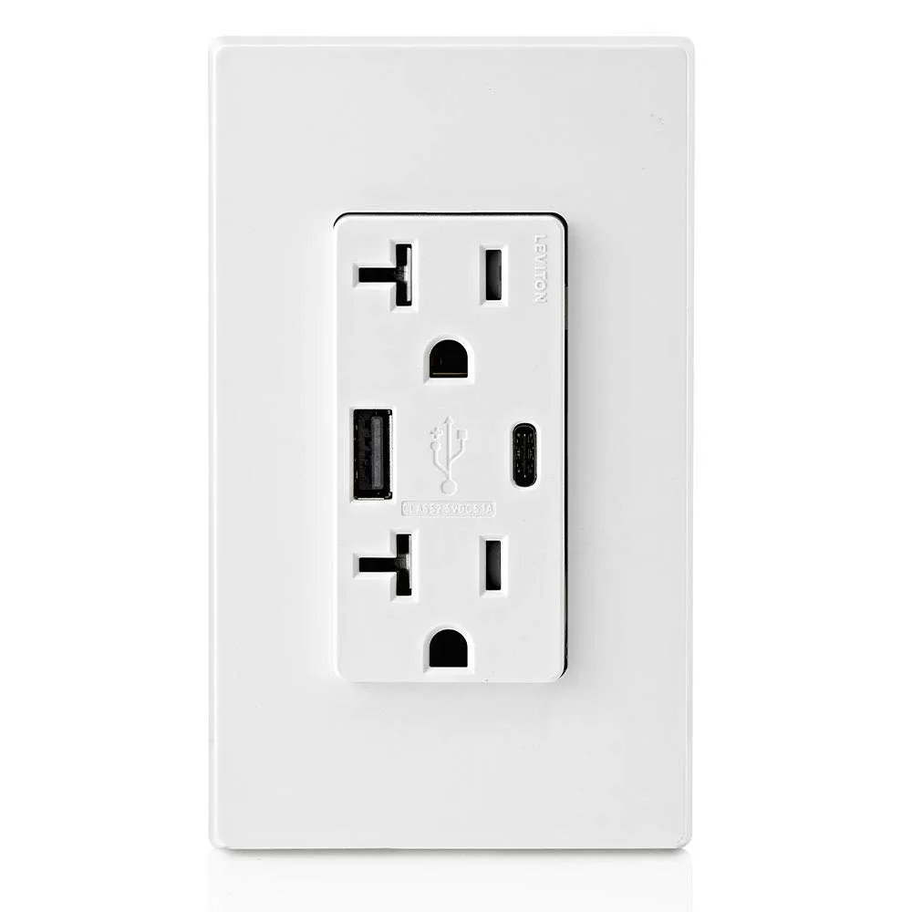 Leviton T5833-W Type A & Type-C USB In-Wall Charger with 20A Tamper-Resistant Outlet, USB Charger for Smartphones and Tablets. Not for Laptops, White