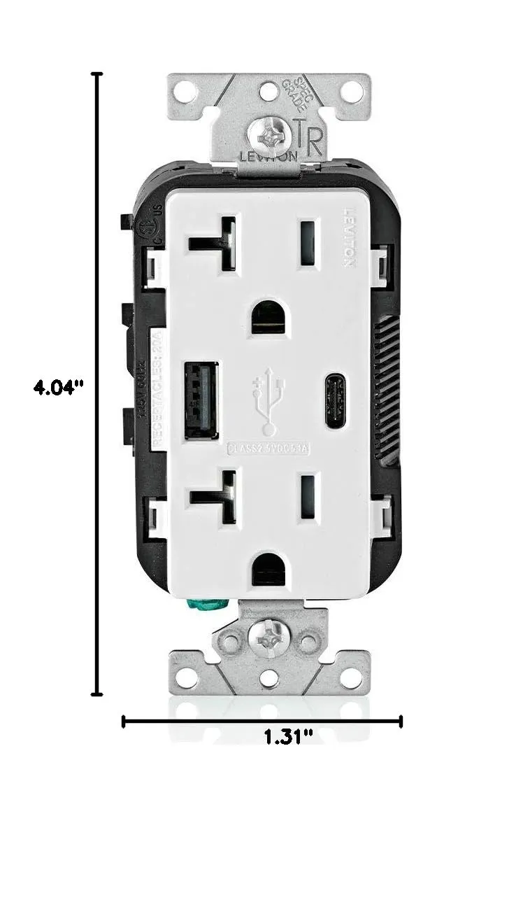 Leviton T5833-W Type A & Type-C USB In-Wall Charger with 20A Tamper-Resistant Outlet, USB Charger for Smartphones and Tablets. Not for Laptops, White