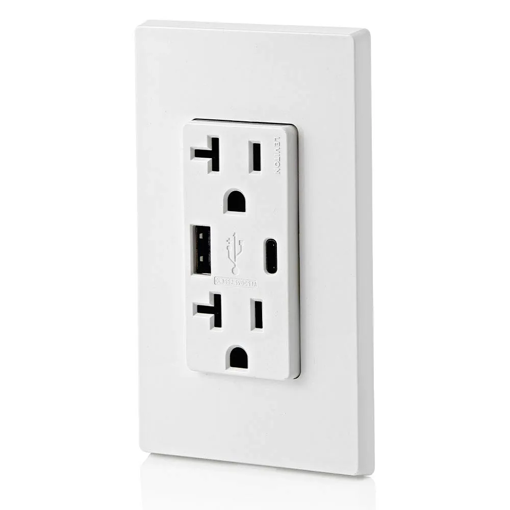 Leviton T5833-W Type A & Type-C USB In-Wall Charger with 20A Tamper-Resistant Outlet, USB Charger for Smartphones and Tablets. Not for Laptops, White