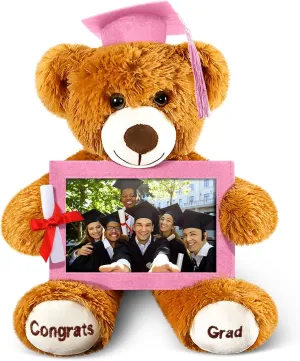 Leyndo Class of 2025 Graduation Plush Bear with Picture Frame Diploma Cap 9 Inch Congrats Grad Plush Stuffed Animal Bear Graduation Gifts for Preschool Kindergarten College Masters (Pink)