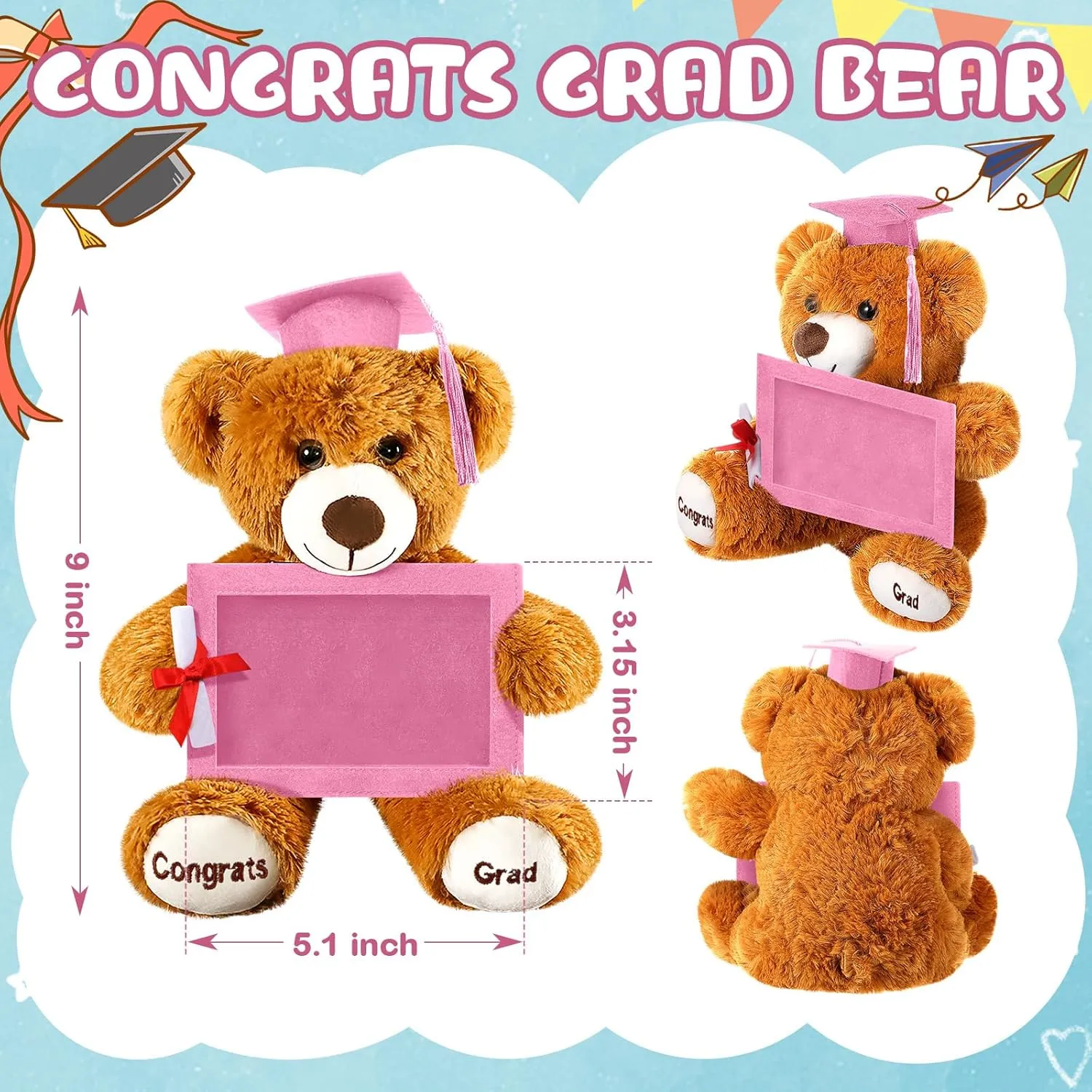 Leyndo Class of 2025 Graduation Plush Bear with Picture Frame Diploma Cap 9 Inch Congrats Grad Plush Stuffed Animal Bear Graduation Gifts for Preschool Kindergarten College Masters (Pink)