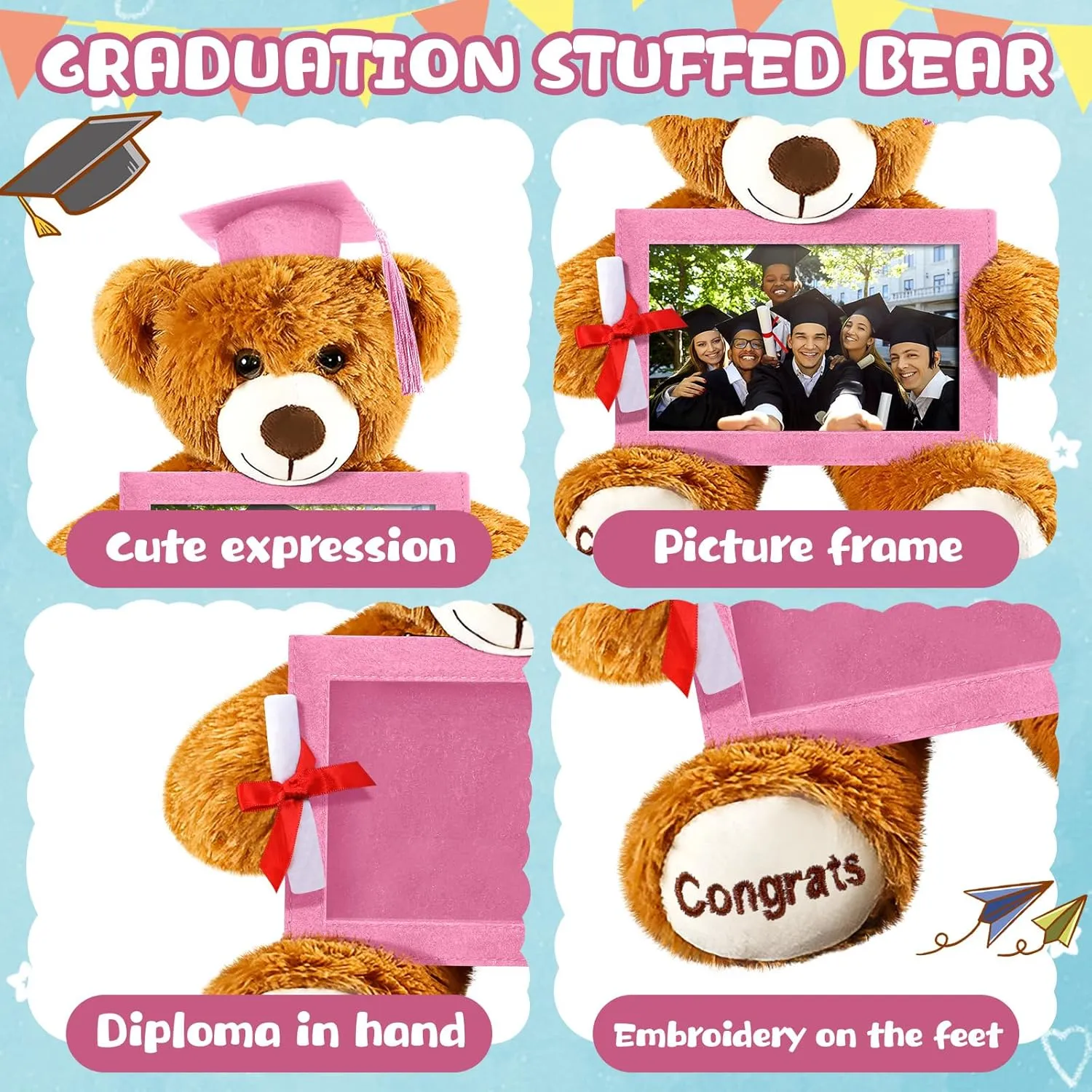 Leyndo Class of 2025 Graduation Plush Bear with Picture Frame Diploma Cap 9 Inch Congrats Grad Plush Stuffed Animal Bear Graduation Gifts for Preschool Kindergarten College Masters (Pink)