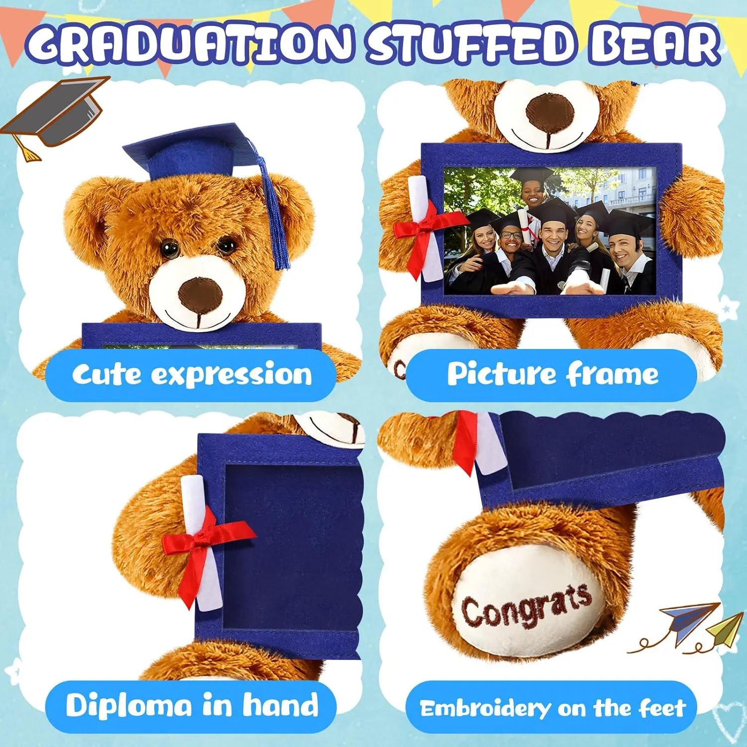 Leyndo Class of 2025 Graduation Plush Bear with Picture Frame Diploma Cap 9 Inch Congrats Grad Plush Stuffed Animal Bear Graduation Gifts for Preschool Kindergarten College Masters(Royal Blue)