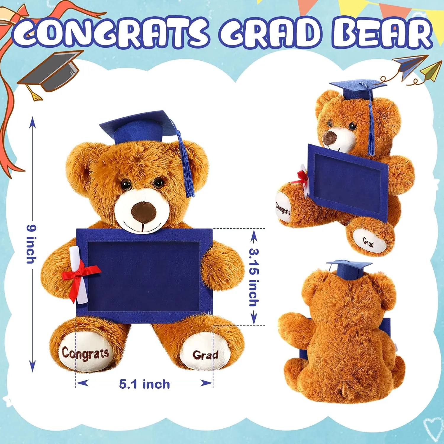Leyndo Class of 2025 Graduation Plush Bear with Picture Frame Diploma Cap 9 Inch Congrats Grad Plush Stuffed Animal Bear Graduation Gifts for Preschool Kindergarten College Masters(Royal Blue)