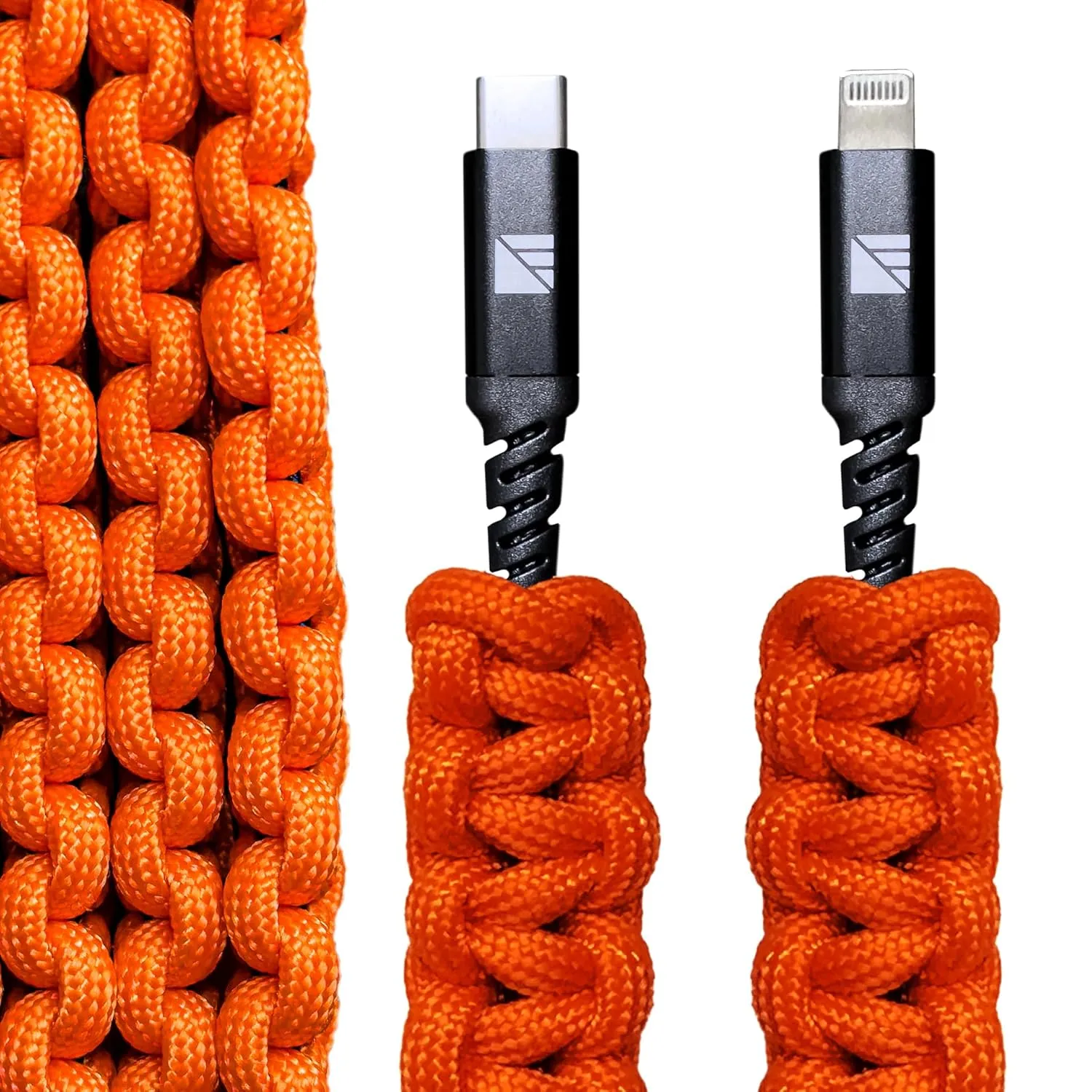 Lightning to C Paracord Cable & USB C to C Paracord Cable (18W, Orange)