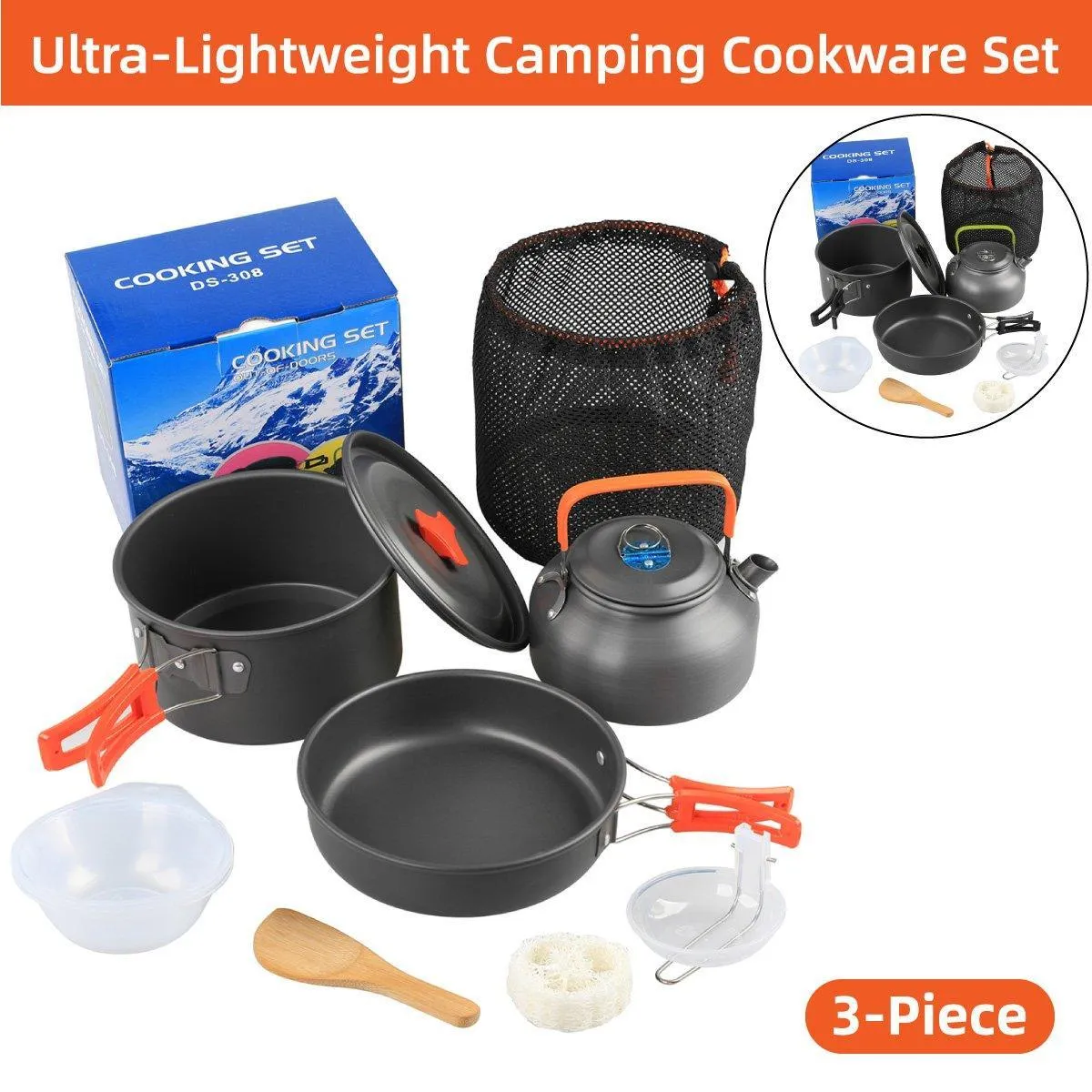 Lightweight Camping Cookware Set Outdoor Cooking Gear 3 Piece Travel Cook Set