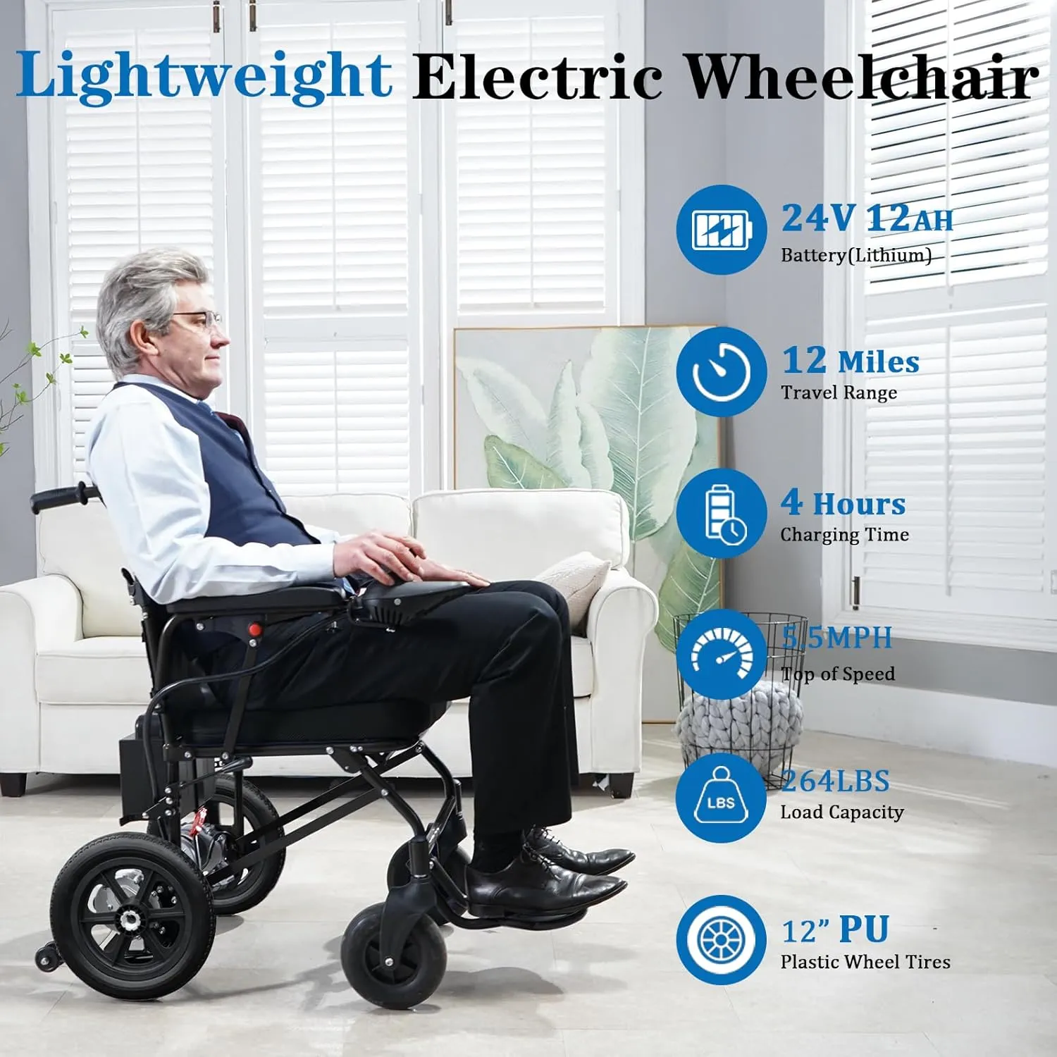 Lightweight Foldable Electric Wheelchairs for Adults, Intelligent Power Wheelchairs Motorized Wheelchair, Airline Approved - 12mi, Blue