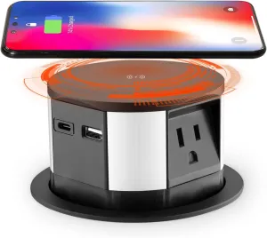 Link2Home Wireless Charging Pop Up Outlet 10W Fast Induction Charger with Type-C USB, 3 Power Outlets 15A, 2 USB Ports 3.0A, Splash Resistant, Matt Black Finish, for Kitchen Counter Island, Office