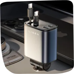 LISEN Retractable Car Charger USB C【with Dual Type C Cables】 69W for iPhone 16 USB C Car Charger Adapter Fast Charging Compatible with iPhone 16 15 Pro Max, Samsung Galaxy S25/S24, Android