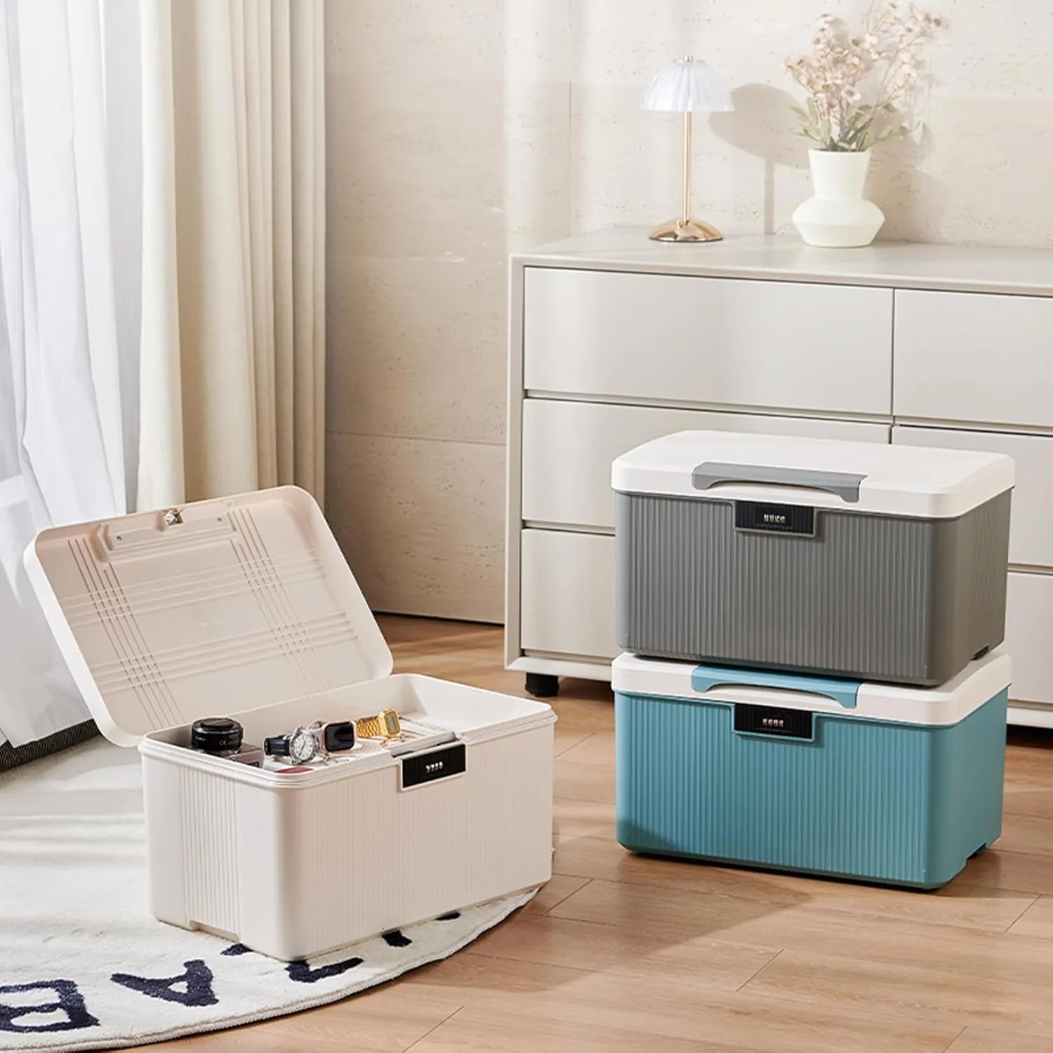 Lockable Storage Bin Outdoor Lock Box Plastic Storage Container Versatile Organizer with Changeable Lock for Home Office School Travel Business (White&Blue, 9 Liters)