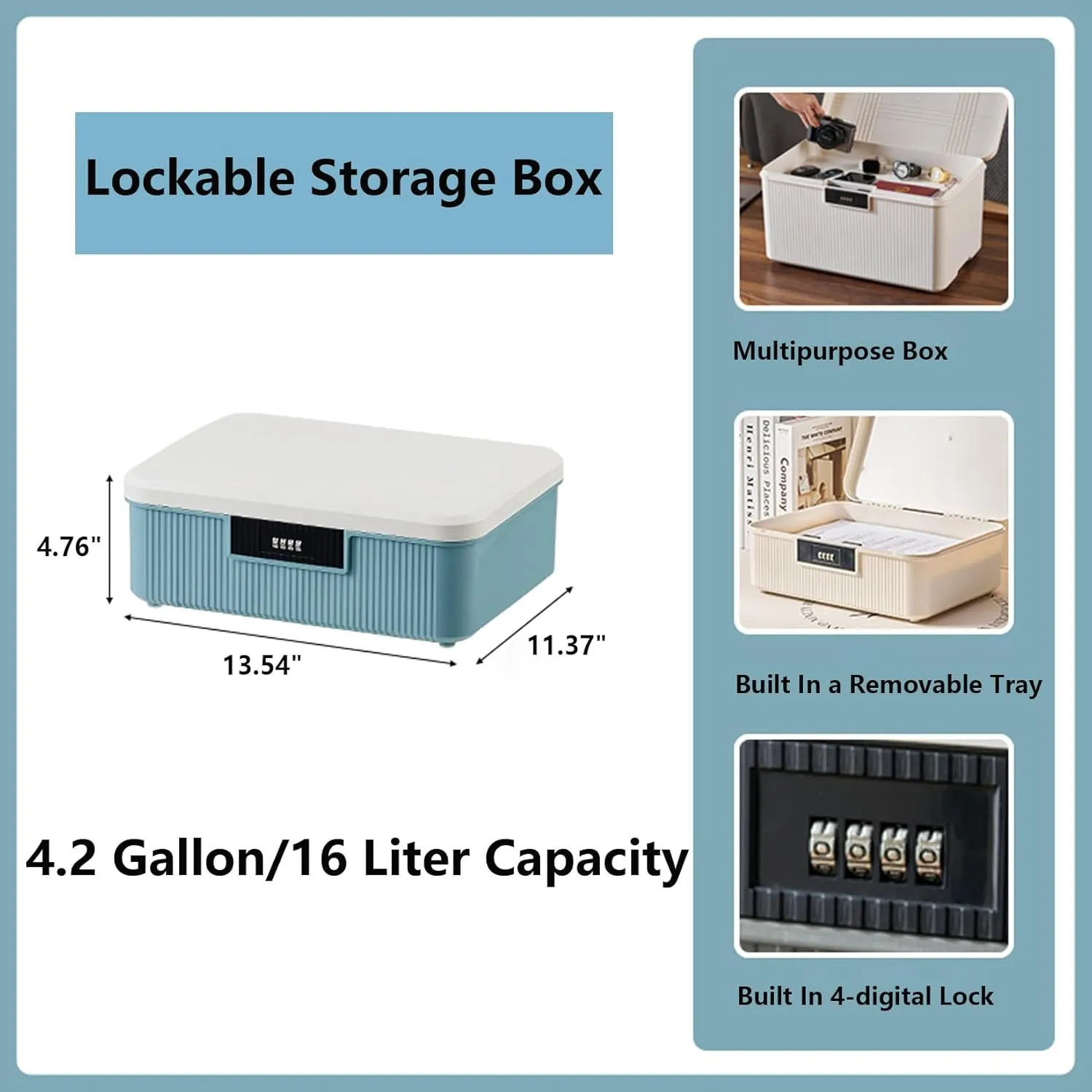 Lockable Storage Bin Outdoor Lock Box Plastic Storage Container Versatile Organizer with Changeable Lock for Home Office School Travel Business (White&Blue, 9 Liters)