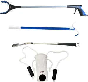 Long Shoe Horn, Grabber Reacher Tool, Sock Aid Device, and Sock Puller Aid Bundle by Shagu. Helpful Compression Sock Aid Device, Sock Puller Aid Easy On and Off, Long Shoehorn, and Trash Grabber Tool.