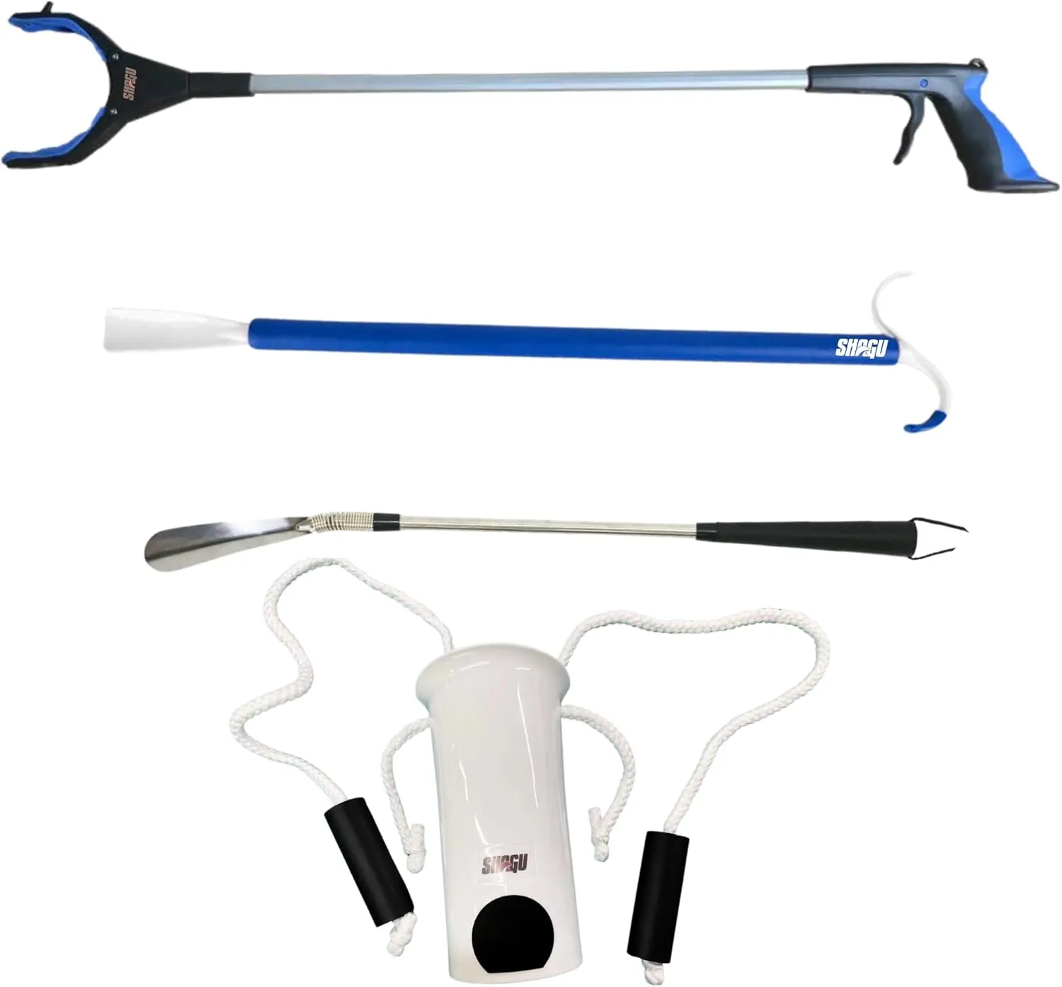 Long Shoe Horn, Grabber Reacher Tool, Sock Aid Device, and Sock Puller Aid Bundle by Shagu. Helpful Compression Sock Aid Device, Sock Puller Aid Easy On and Off, Long Shoehorn, and Trash Grabber Tool.