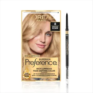 L'Oreal Paris Preference Hair Color and Brow Stylist Definer Eyebrow Pencil Bundle, Includes 1 Box of Preference 8 Medium Blonde Hair Dye   1 Dark Blonde Eyebrow Pencil