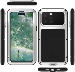 LOVE MEI Military Rugged Case for iPhone 16 Pro Max, with Tempered Glass Screen Protector, Shockproof Dustproof Scratch Proof Hybrid Metal and Silicone Gel Heavy Duty Full Body Cover Silver