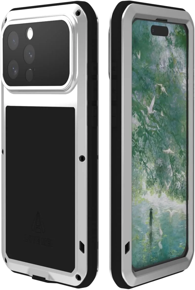 LOVE MEI Military Rugged Case for iPhone 16 Pro Max, with Tempered Glass Screen Protector, Shockproof Dustproof Scratch Proof Hybrid Metal and Silicone Gel Heavy Duty Full Body Cover Silver
