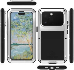 LOVE MEI Military Rugged Case For iPhone 16 Pro , with Tempered Glass Screen Protector, Shockproof Dustproof Scratch Proof Hybrid Metal and Silicone Gel Heavy Duty Full Body Cover for iPhone 16 Pro