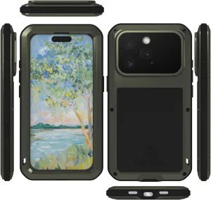 LOVE MEI Military Rugged Case For iPhone 16 Pro , with Tempered Glass Screen Protector, Shockproof Dustproof Scratch Proof Hybrid Metal and Silicone Gel Heavy Duty Full Body Cover for iPhone 16 Pro