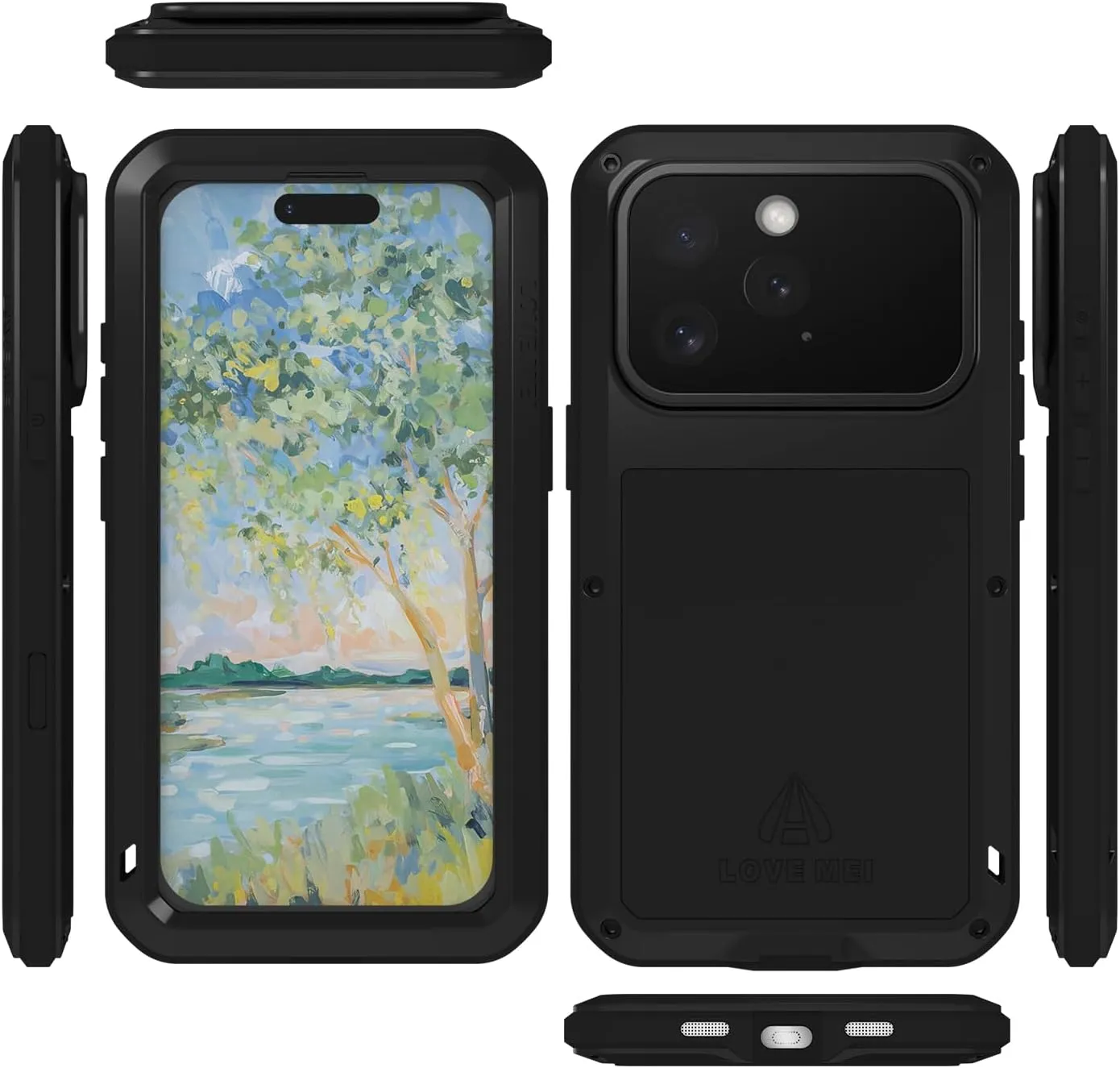 LOVE MEI Military Rugged Case For iPhone 16 Pro , with Tempered Glass Screen Protector, Shockproof Dustproof Scratch Proof Hybrid Metal and Silicone Gel Heavy Duty Full Body Cover for iPhone 16 Pro