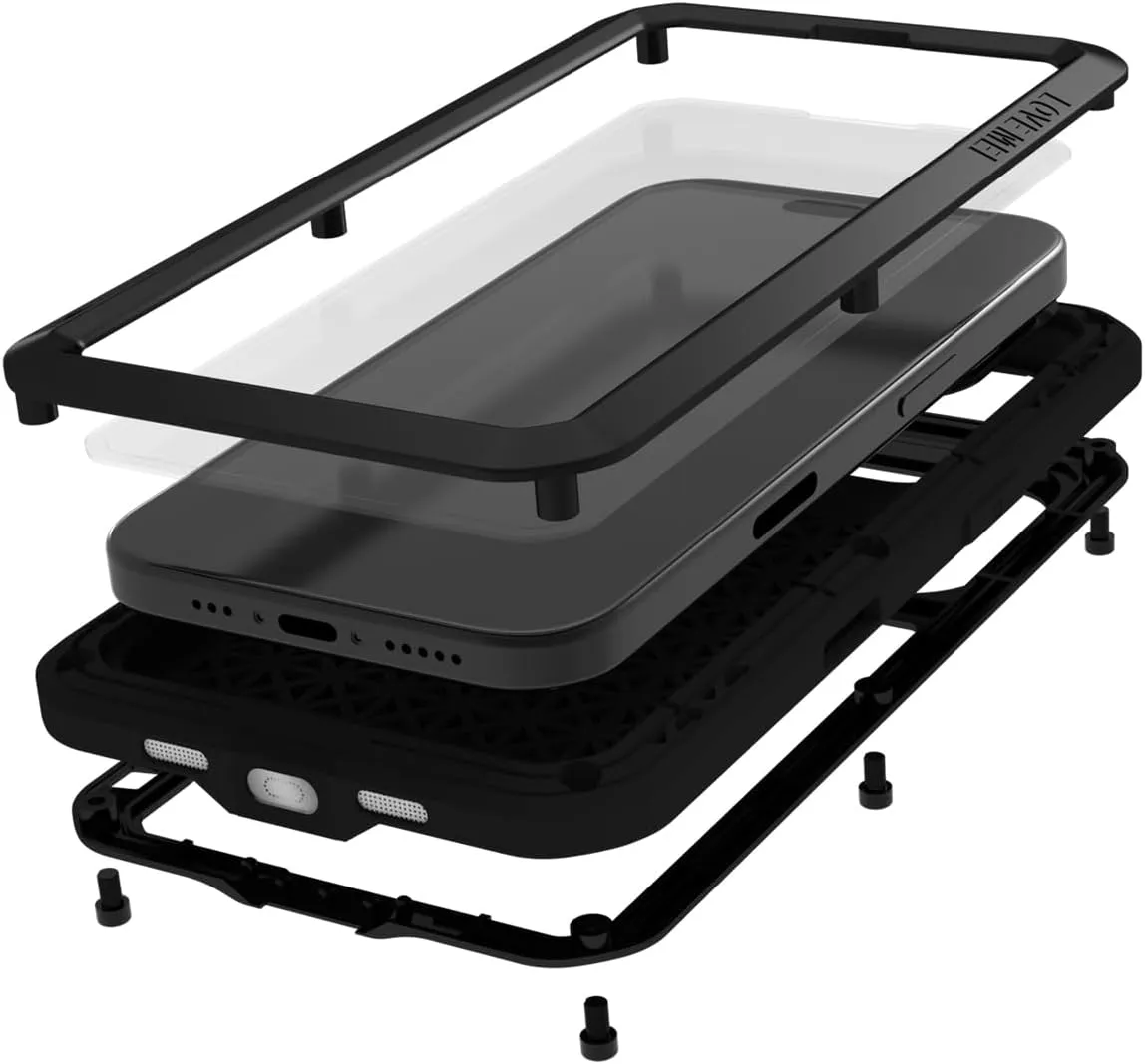 LOVE MEI Military Rugged Case For iPhone 16 Pro , with Tempered Glass Screen Protector, Shockproof Dustproof Scratch Proof Hybrid Metal and Silicone Gel Heavy Duty Full Body Cover for iPhone 16 Pro