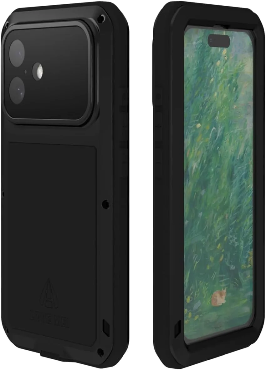 LOVE MEI Military Rugged Case for iPhone 16, with Tempered Glass Screen Protector, Shockproof Dustproof Scratch Proof Hybrid Metal and Silicone Gel Heavy Duty Full Body Cover for iPhone 16 Black