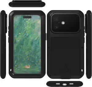 LOVE MEI Military Rugged Case for iPhone 16, with Tempered Glass Screen Protector, Shockproof Dustproof Scratch Proof Hybrid Metal and Silicone Gel Heavy Duty Full Body Cover for iPhone 16 Black