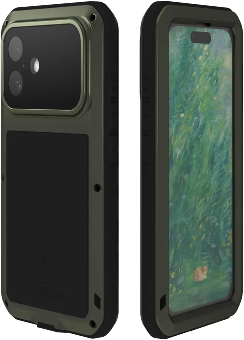 LOVE MEI Military Rugged Case for iPhone 16, with Tempered Glass Screen Protector, Shockproof Dustproof Scratch Proof Hybrid Metal and Silicone Gel Heavy Duty Full Body Cover for iPhone 16 Green
