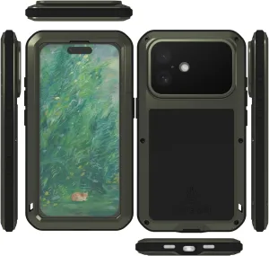 LOVE MEI Military Rugged Case for iPhone 16, with Tempered Glass Screen Protector, Shockproof Dustproof Scratch Proof Hybrid Metal and Silicone Gel Heavy Duty Full Body Cover for iPhone 16 Green