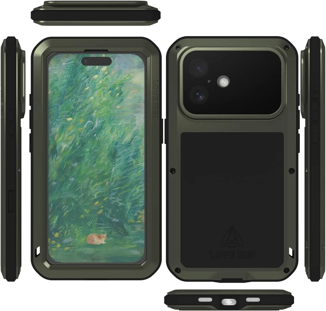 LOVE MEI Military Rugged Case for iPhone 16, with Tempered Glass Screen Protector, Shockproof Dustproof Scratch Proof Hybrid Metal and Silicone Gel Heavy Duty Full Body Cover for iPhone 16 Green