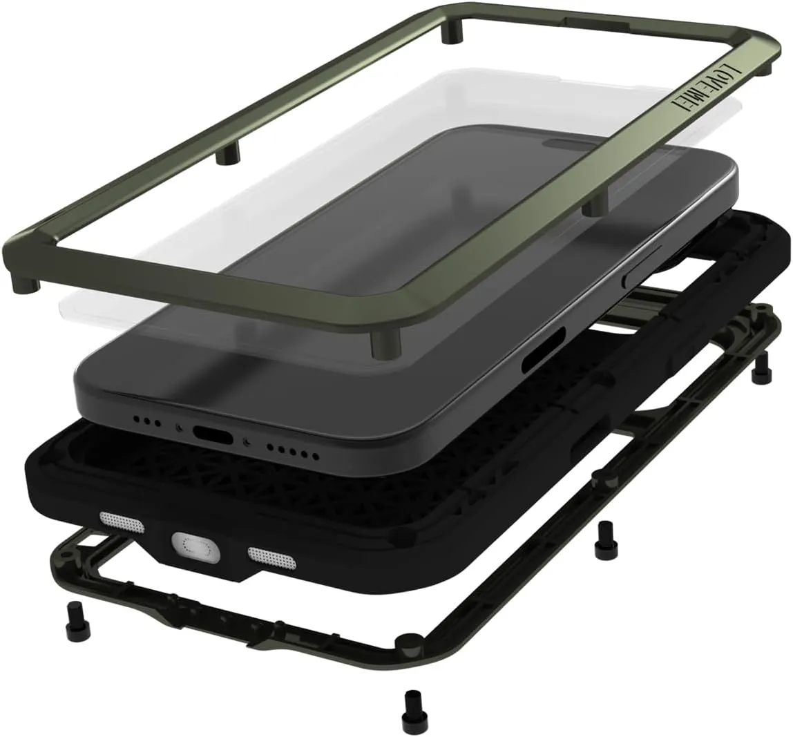 LOVE MEI Military Rugged Case for iPhone 16, with Tempered Glass Screen Protector, Shockproof Dustproof Scratch Proof Hybrid Metal and Silicone Gel Heavy Duty Full Body Cover for iPhone 16 Green