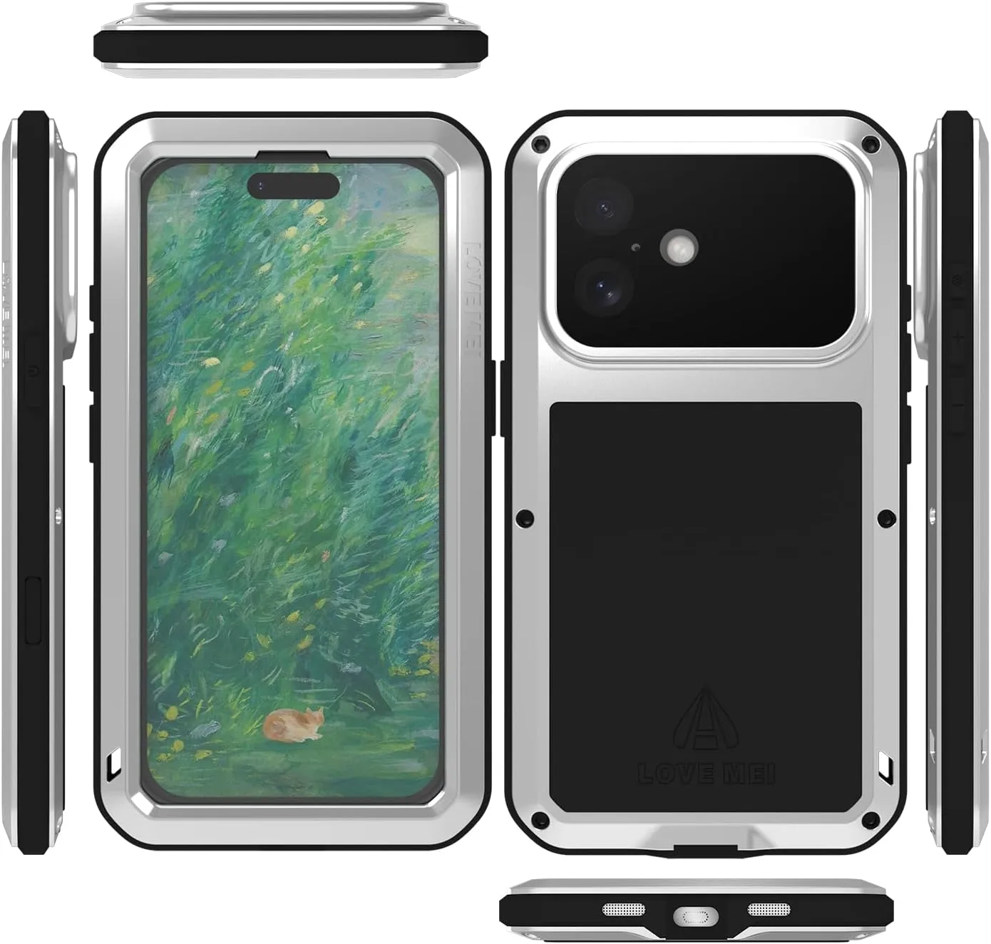 LOVE MEI Military Rugged Case for iPhone 16, with Tempered Glass Screen Protector, Shockproof Dustproof Scratch Proof Hybrid Metal and Silicone Gel Heavy Duty Full Body Cover for iPhone 16 Pro Silver