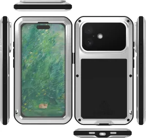 LOVE MEI Military Rugged Case for iPhone 16, with Tempered Glass Screen Protector, Shockproof Dustproof Scratch Proof Hybrid Metal and Silicone Gel Heavy Duty Full Body Cover for iPhone 16 Pro Silver
