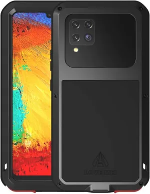 LOVE MEI Military Rugged Case for Samsung Galaxy A42, with Tempered Glass Screen Protector, Shockproof Dustproof Scratch Proof Hybrid Metal and Silicone Gel Heavy Duty Full Body Cover Black