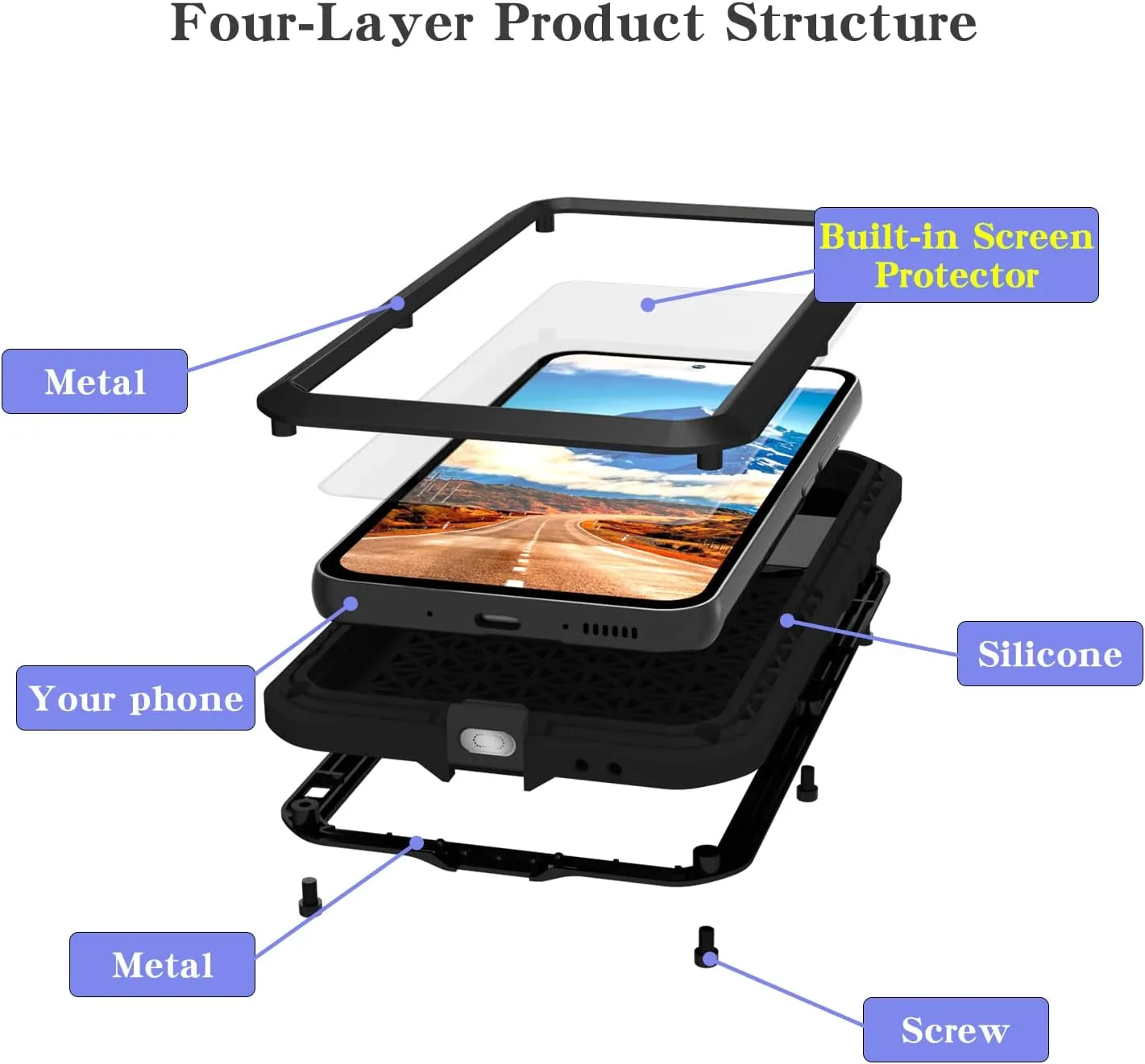 LOVE MEI Military Rugged Case for Samsung Galaxy A54, with Tempered Glass Screen Protector, Shockproof Dustproof Scratch Proof Hybrid Metal and Silicone Gel Heavy Duty Full Body Cover Black