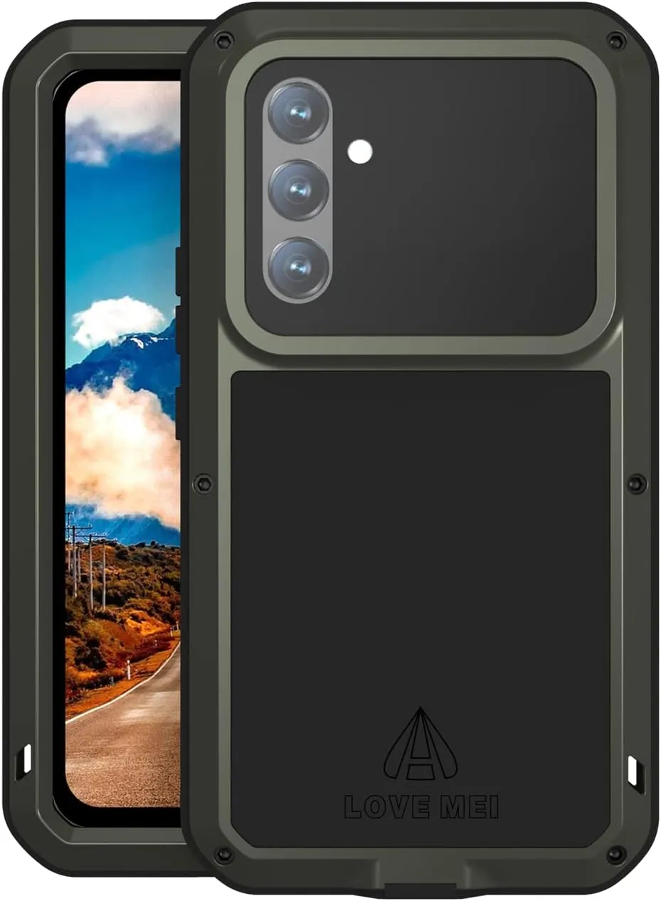 LOVE MEI Military Rugged Case for Samsung Galaxy A54, with Tempered Glass Screen Protector, Shockproof Dustproof Scratch Proof Hybrid Metal and Silicone Gel Heavy Duty Full Body Cover Green