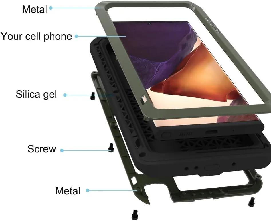 LOVE MEI Military Rugged Case For Samsung Galaxy Note 20 Ultra, without Tempered Glass Screen Protector, Shockproof Dustproof Scratch Proof Hybrid Metal and Silicone Gel Heavy Duty Full Body Cover