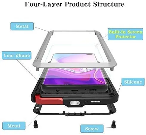LOVE MEI Military Rugged Case for Samsung Galaxy S10 Plus, with Tempered Glass Screen Protector, Shockproof Dustproof Scratch Proof Hybrid Metal and Silicone Gel Heavy Duty Full Body Cover Silver